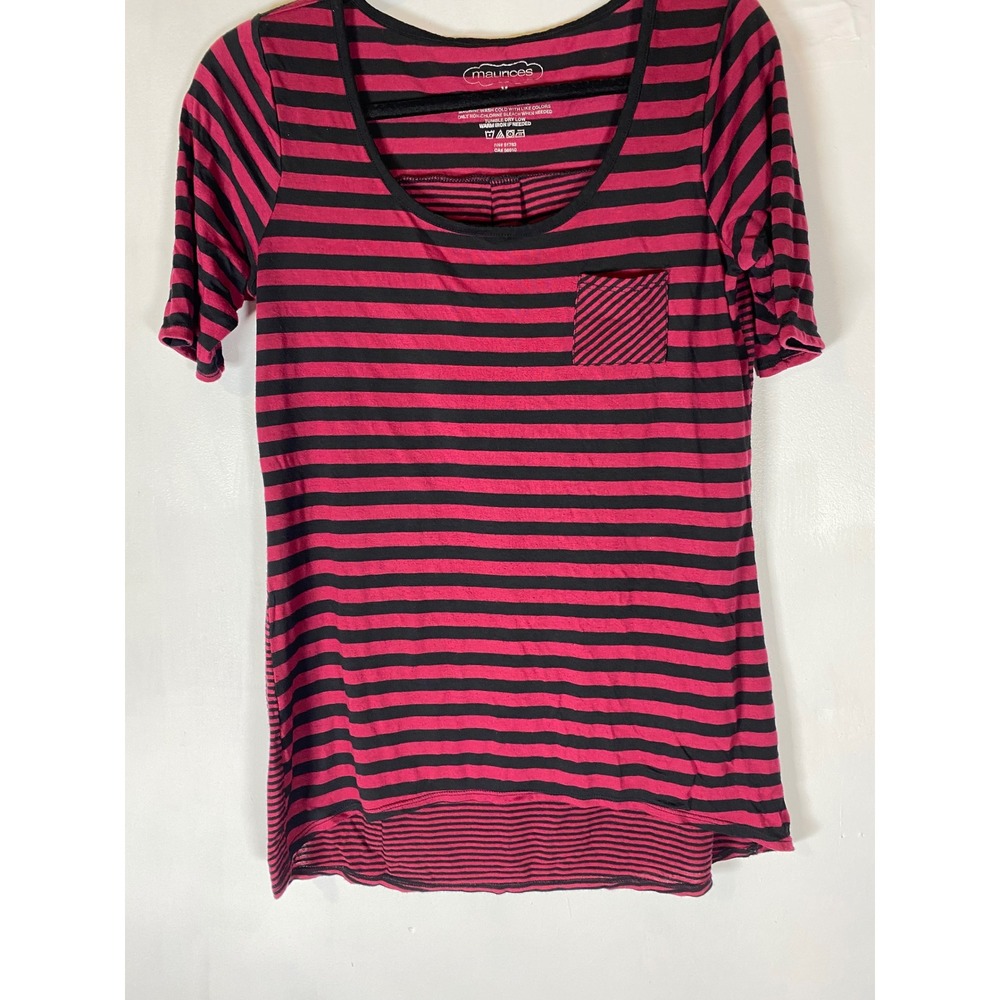 Pink Black Striped Longline Pocket Tee High Low Scoop Neck Y2K Medium